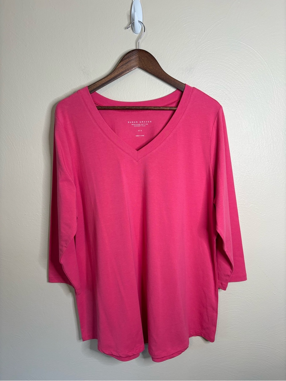 Susan Graver Weekend Cotton Pink V-Neck Tunic Top XL 3/4 Sleeve Stretch Casual - Picture 2 of 9